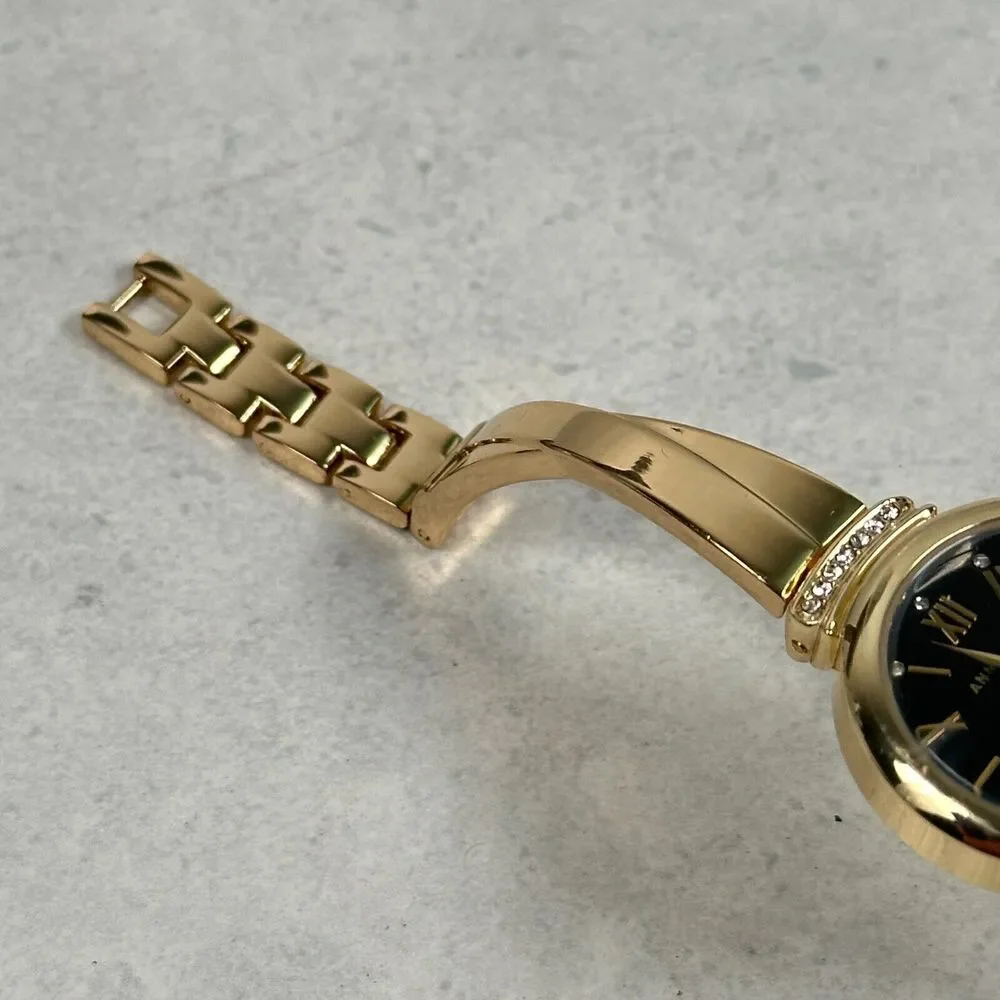 Anne Klein Watch Womens 16mm Round Black Dial Crystal Lugs Elegant New Battery